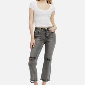 Tractr Button Me‎ Up Grey High Rise Stretch Distressed Crop Jeans Sz 6/28 NWT